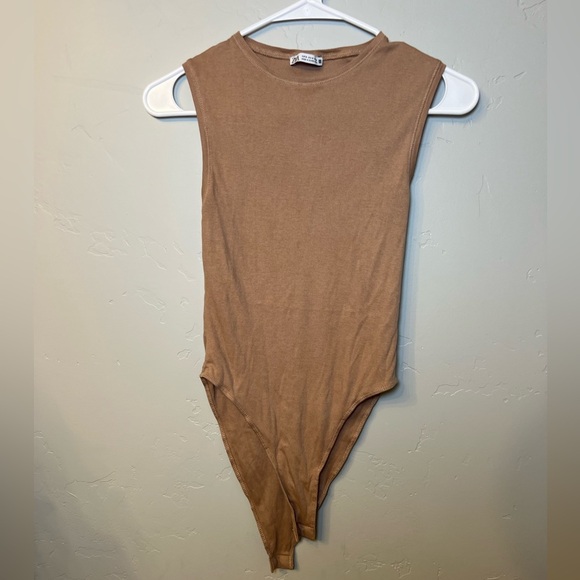 ZARA High Neck Nude Ribbed Bodysuit Onesie Tank Top - Picture 2 of 4